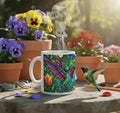 Colorful ceramic mug with hummingbird stained-glass design and white handle