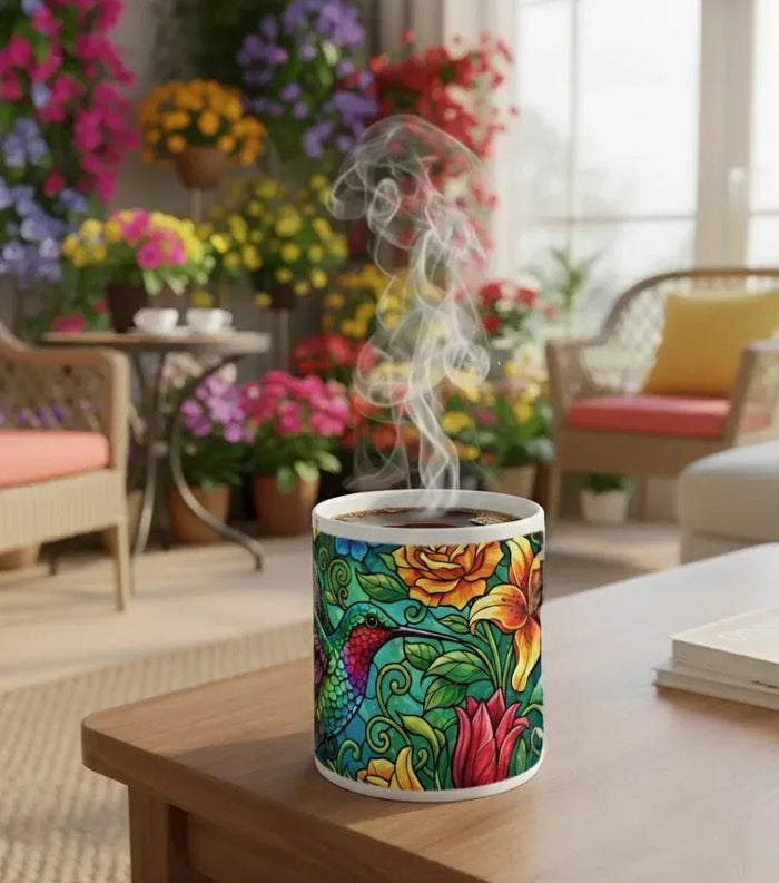 Colorful ceramic mug showing hummingbird stained-glass artwork with floral roses