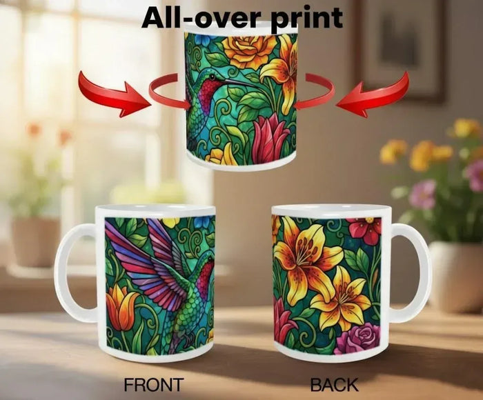 Two ceramic mugs showing front hummingbird stained-glass print and back floral print