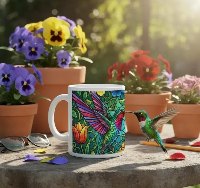 Colorful ceramic mug with hummingbird stained-glass design, with visible steam