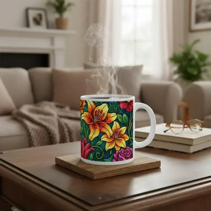 Colorful ceramic mug with hummingbird and flower stained-glass print on wooden tray