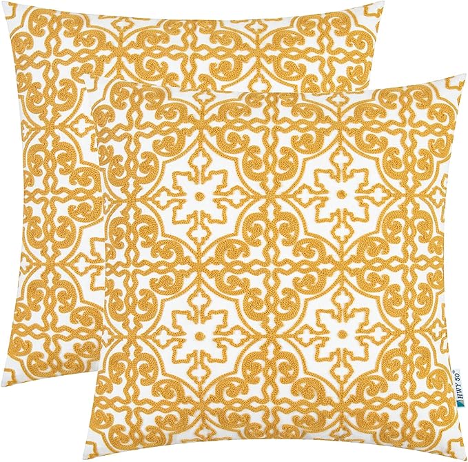 Mustard yellow embroidered throw pillow cover with ornate damask medallion pattern