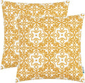 Mustard yellow embroidered throw pillow cover with ornate damask medallion pattern