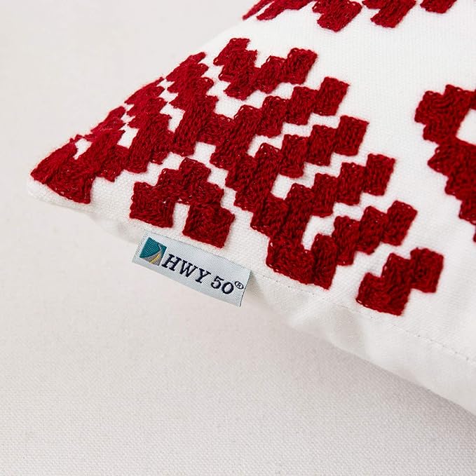 Embroidery tag on red and white throw pillow cover, HWY 50 logo