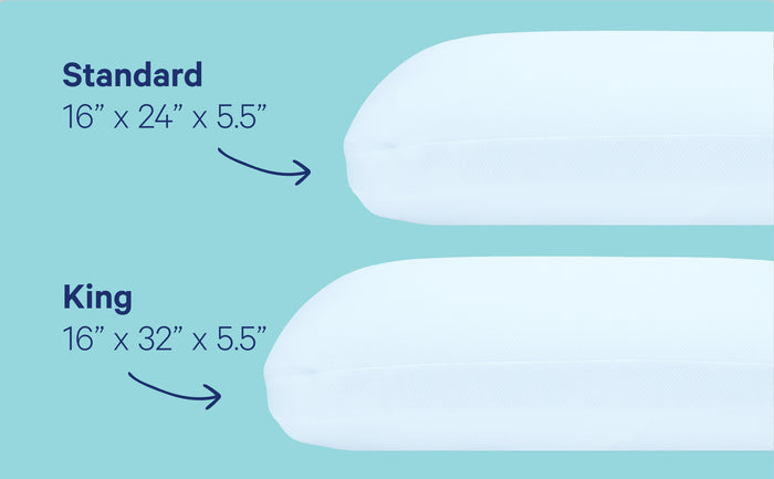 Hybrid Pillow with Snow Technology. Standard size 16" x 24" x 5.5" and King size 16" x 32" x 5.5"