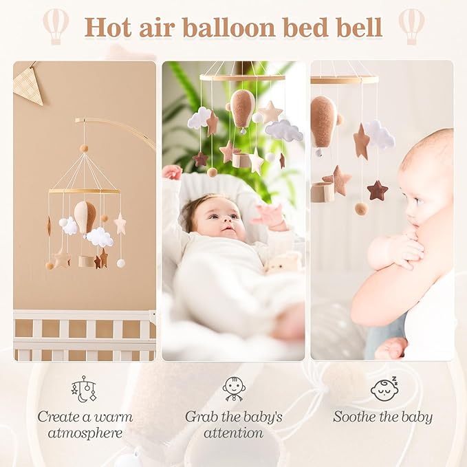 Hot air balloon bed bell mobile with hanging stars and cloud plush ornaments