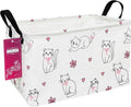 Rectangular fabric storage basket with cat print, reinforced carry handles on two sides