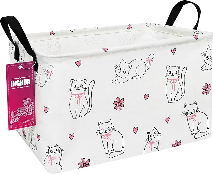Rectangular fabric storage basket with cat print, reinforced carry handles on two sides