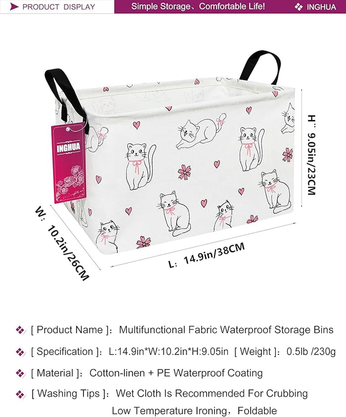 Rectangular fabric storage basket with cat print, two top carry handles, foldable bin