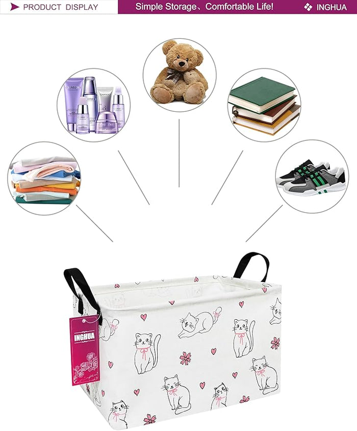 Rectangular fabric storage basket with cat print, top carry handles, spacious organizer