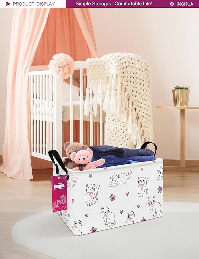 Rectangular fabric storage basket with cat print, top carry handles, large storage organizer