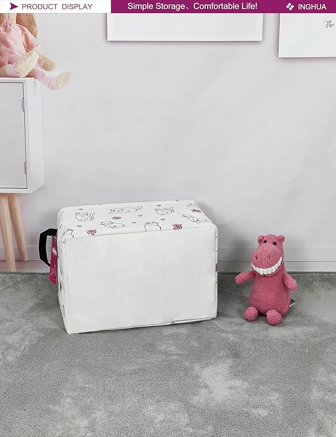 Rectangular fabric storage basket with cat print, foldable fabric cube, side carry handles