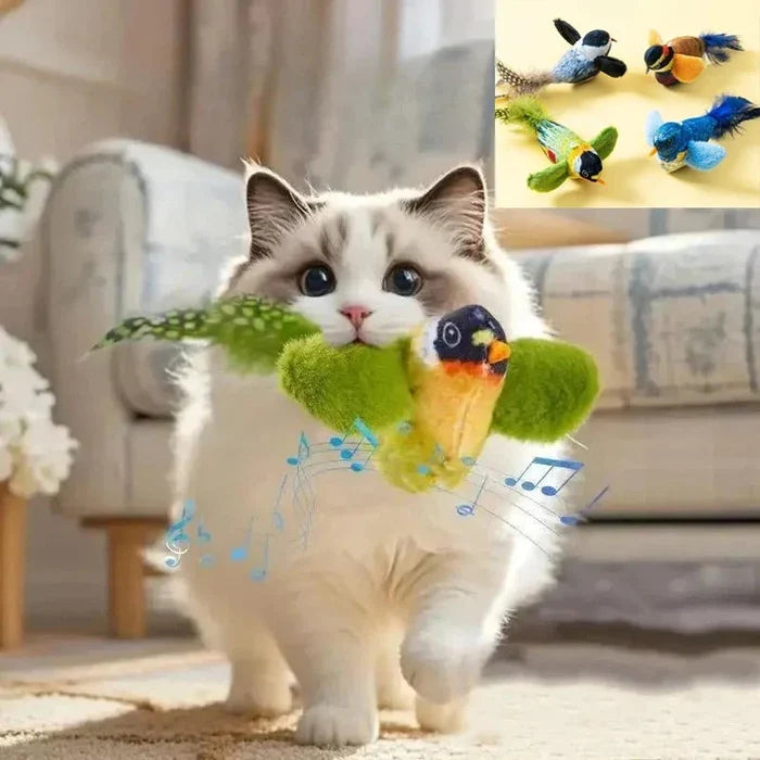 Interactive cat toy bird teaser with green plush body, orange belly, and blue feather tail