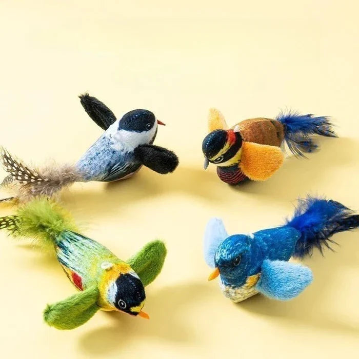 Set of plush bird cat teaser toys in blue, green, and orange with feathered tails