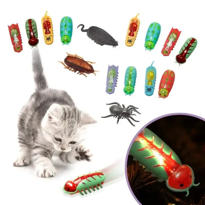 Interactive electric bug cat toy set with assorted blinking creatures for play