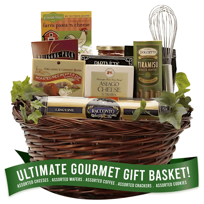 Gourmet gift basket with assorted cheeses, crackers, pasta, wafers, and coffee