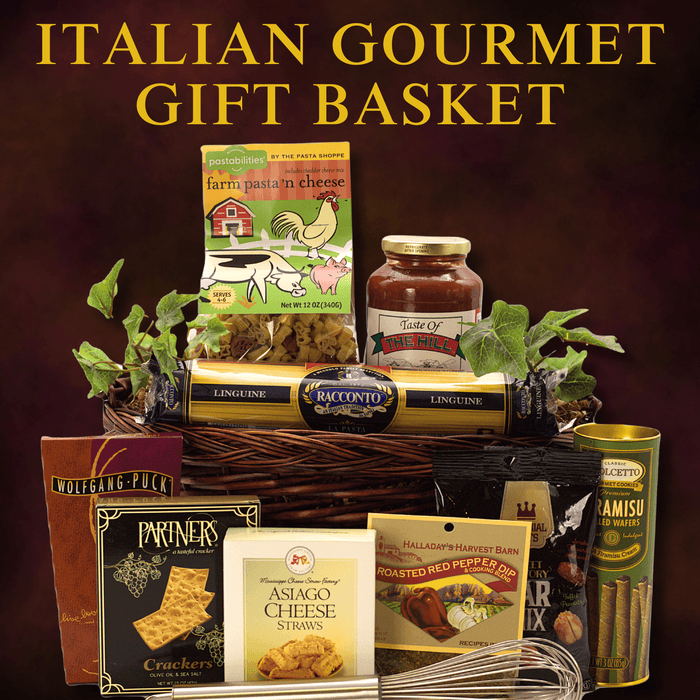 Gourmet gift basket with pasta, sauce, cheese straws, crackers, and dip mix