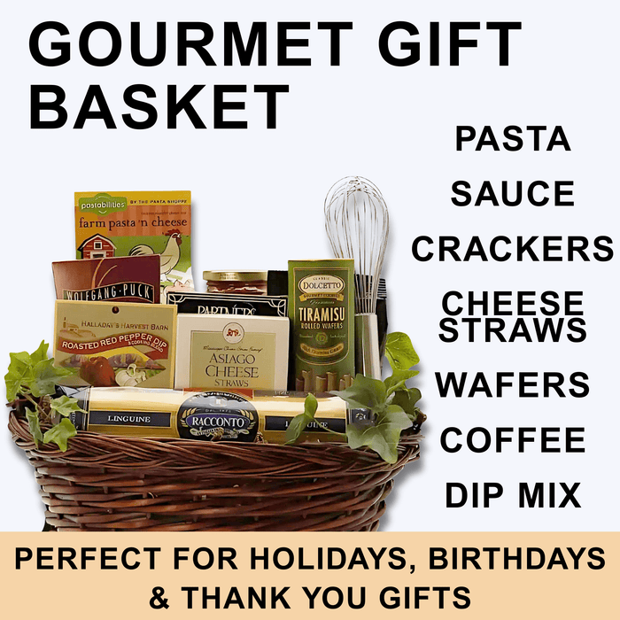 Gourmet gift basket with pasta, sauce, crackers, cheese straws, wafers, coffee, dip mix