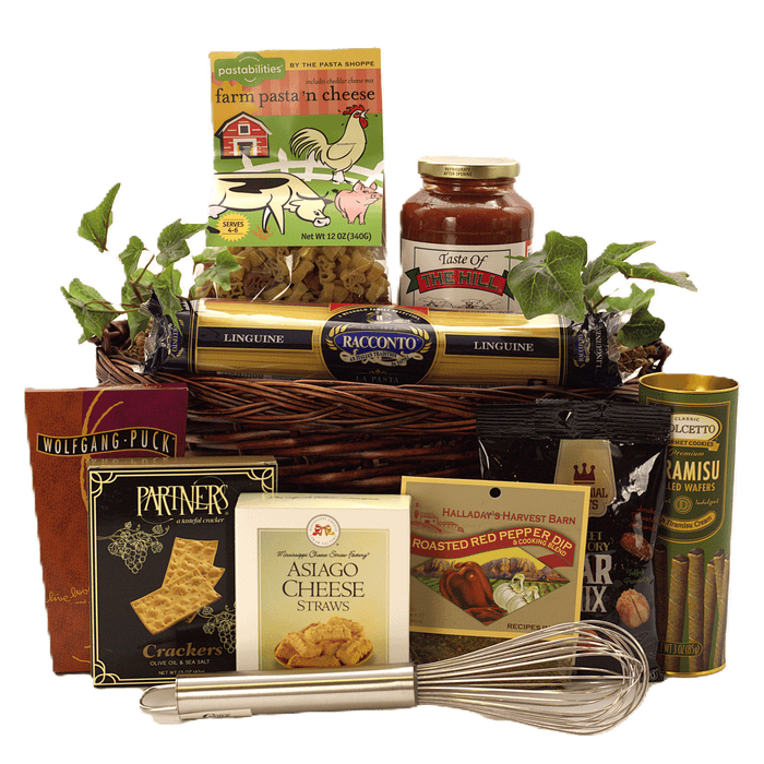 Italian gourmet gift basket with pasta, roasted pepper dip, cheese straws, and crackers