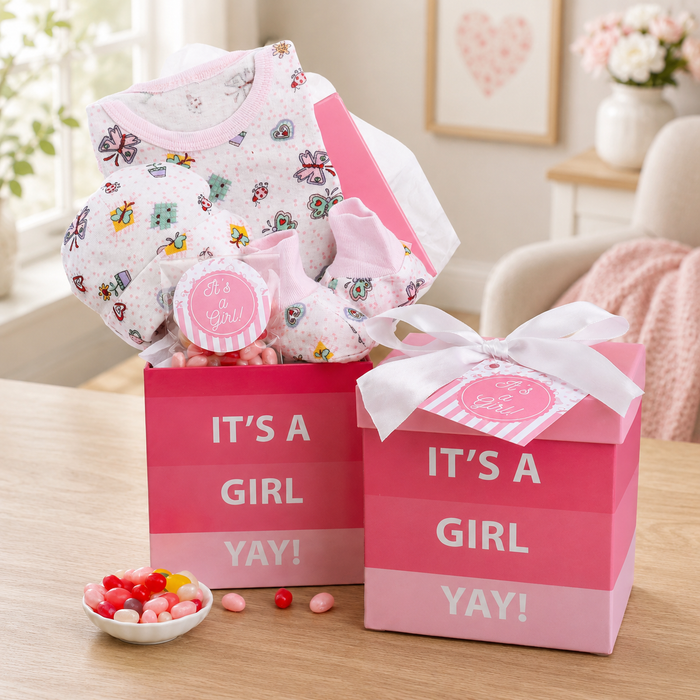 New baby gift basket with pink "It's a Girl" box and butterfly-print onesie