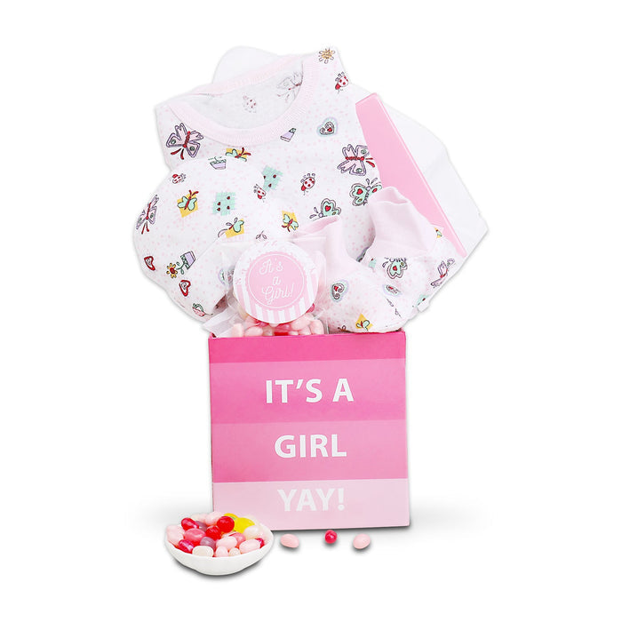 New baby gift basket with pink "It's a Girl" box and butterfly-print onesie