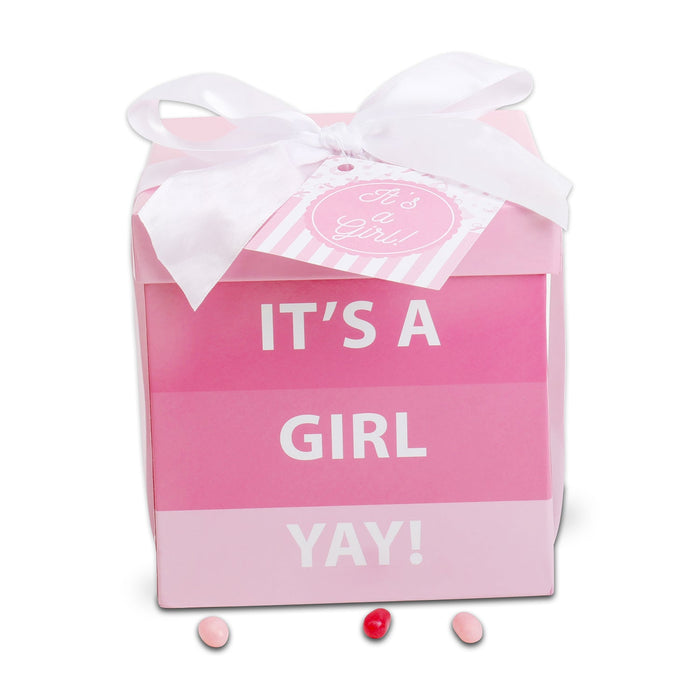 New baby gift box with pink "It's a Girl" stripes and satin bow handle