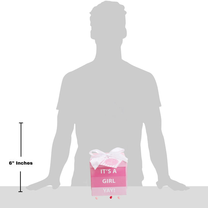 New baby gift box with pink "It's a Girl" design; 6-inch height scale shown