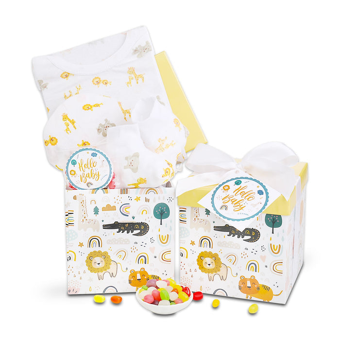 Baby gift basket set with jungle animal print box, Hello Baby tag, candy bowl