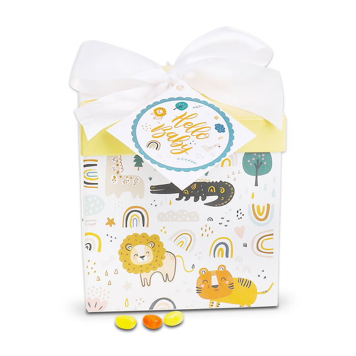 Baby gift basket box with jungle animals, large white bow, Hello Baby label