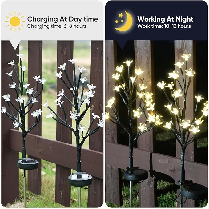 Solar flower string lights, black branch stakes with small white flower LEDs at night