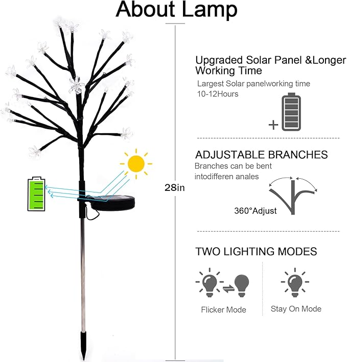 Solar flower garden light, adjustable black branches with small white LED flower heads