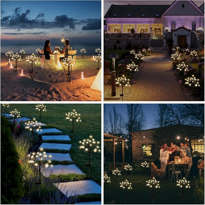 Solar flower garden lights, warm white glowing LED blossom trees along outdoor walkway