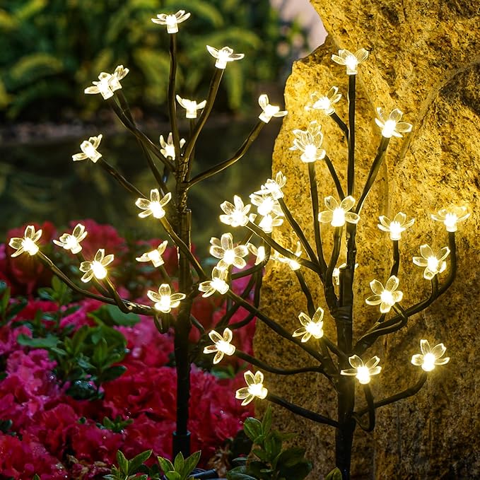 Solar flower garden lights, warm white LED flower clusters on slender black branches