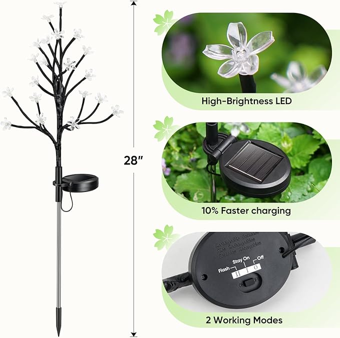 Solar flower garden light, black stake with branch LEDs and round solar panel base
