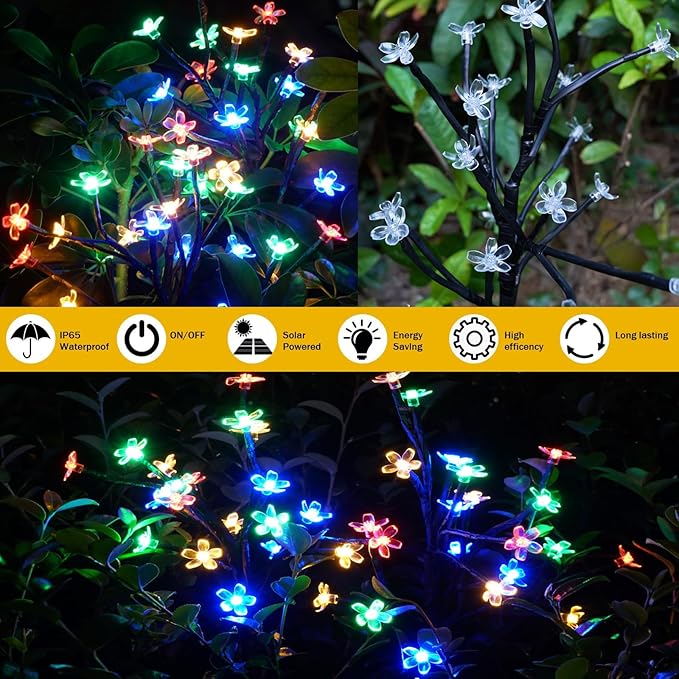 Solar LED butterfly flower lights with bright multicolor blooms on flexible branches