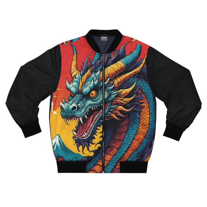 Japanese Dragon Bomber Jacket - Teal Dragon Mount Fuji Anime Streetwear, Fantasy Fashion for Men and Women XS to 5XL