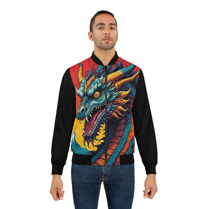 Japanese Dragon Bomber Jacket - Teal Dragon Mount Fuji Anime Streetwear, Fantasy Fashion for Men and Women XS to 5XL