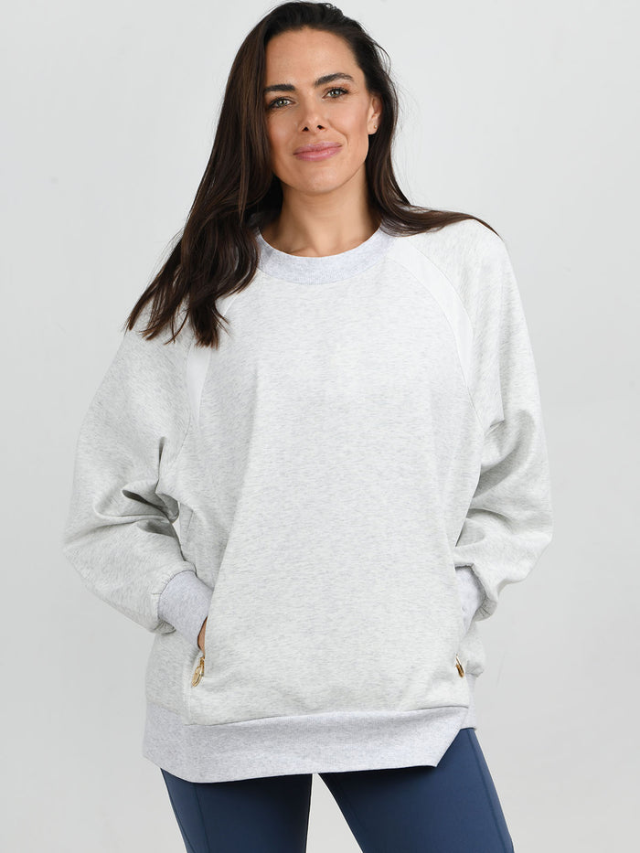 Jess Crew Neck Sweater Grey and simone blue legging from the NAIA Active  active wear collection