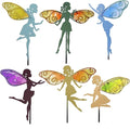 Set of colorful metal fairy garden stakes with swirl glass-wing accents