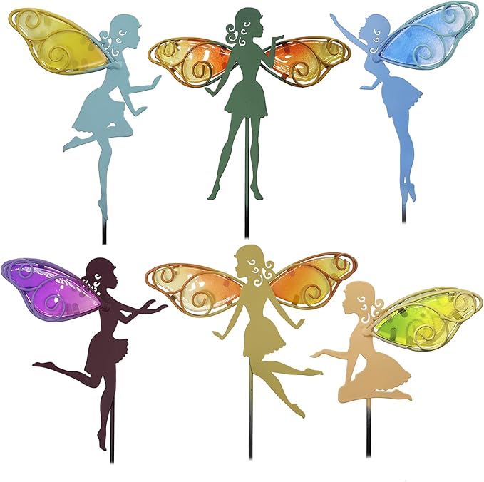 Set of colorful metal fairy garden stakes with swirl glass-wing accents