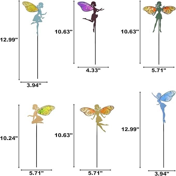 Colorful fairy garden stake set with swirl wing silhouettes, multicolor
