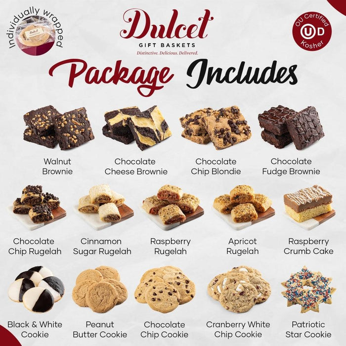 Cookie assortment package includes image with brownie and rugelach pieces