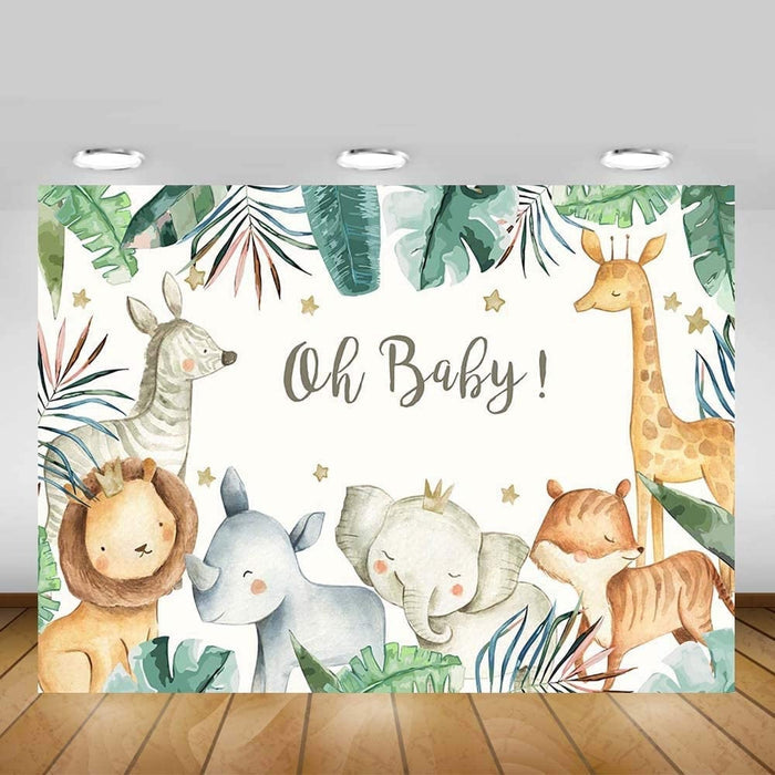 Jungle baby shower backdrop with safari animals and “Oh Baby!” in green and gold