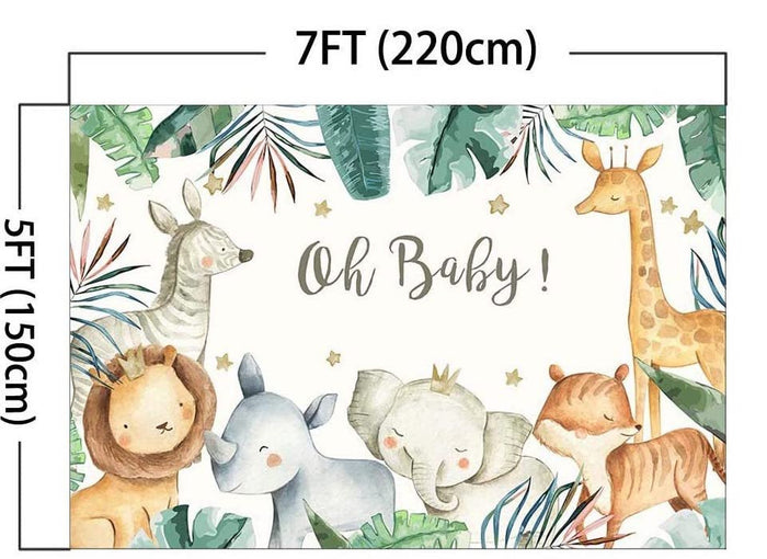 Jungle baby shower backdrop with “Oh Baby!” text, jungle animals, 7FT x 5FT size label