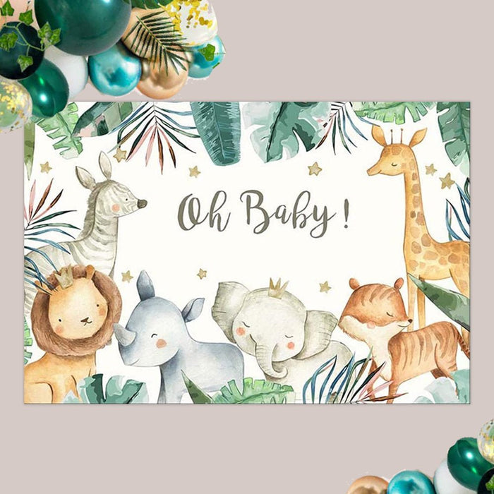 Jungle baby shower backdrop panel with jungle leaves, safari animals, and “Oh Baby!”