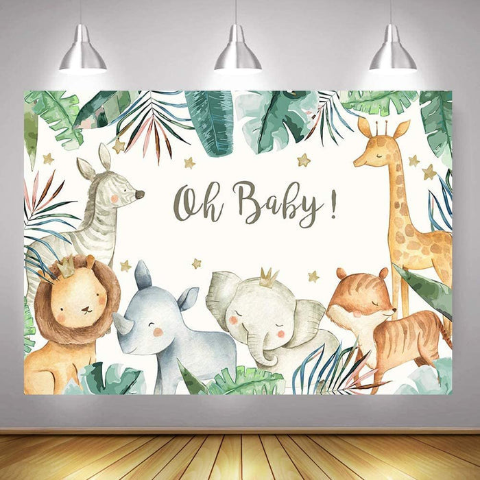 Jungle baby shower backdrop with jungle-leaf border, safari animals, and “Oh Baby!”