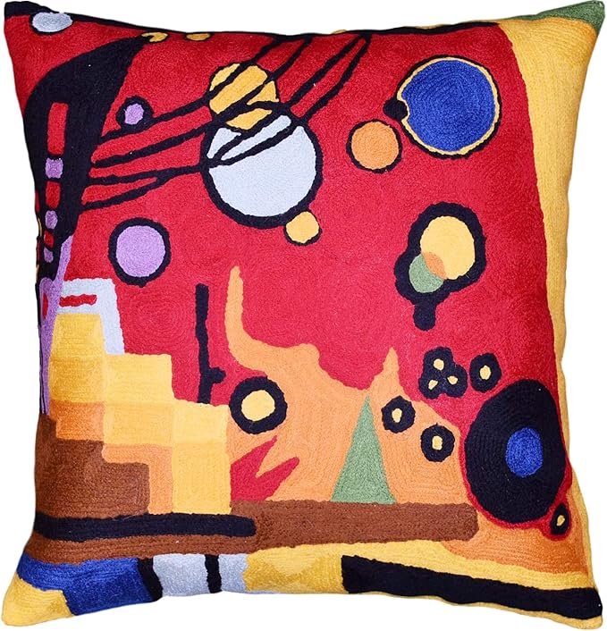 Red abstract embroidered pillow cover with geometric shapes and blue circle motifs