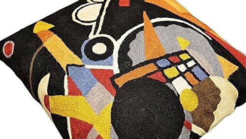 Black abstract pillow cover with colorful geometric embroidery and bold lines