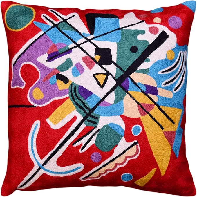 Red abstract art pillow cover with multicolor shapes and bold black intersecting lines