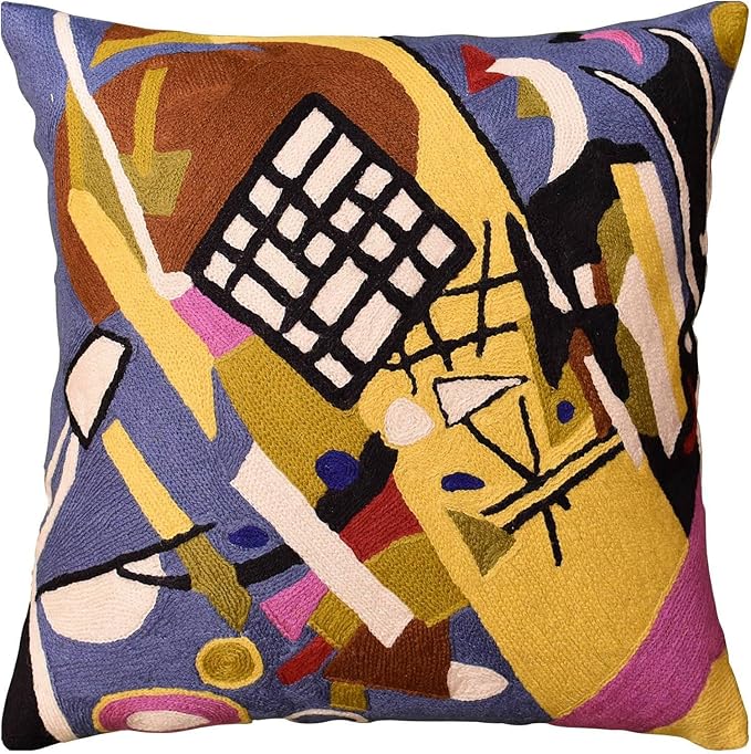 Abstract embroidered pillow cover with multicolor geometric blocks on dark blue
